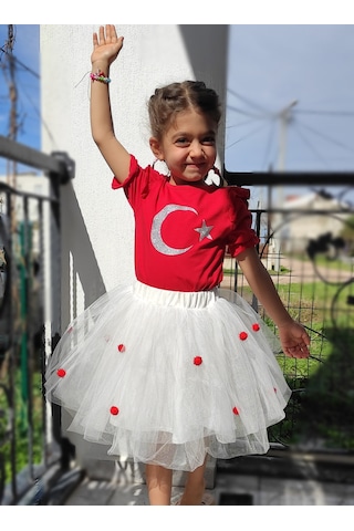 Novy Baby Novy-23 Nisan Türk Bayraklı Omuz Fırfırlı KızÇocuk Tişört 2-9 Yaş