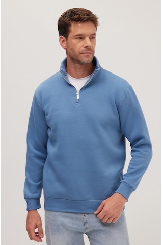 Tudors Unisex Relax Fit Rahat Kesim Pamuklu İçi Polarlı Yarım Fermuarlı Petrol Mavi Dik Yaka Sweatshirt-35158 Petrol Mavi