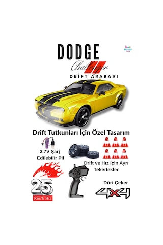 25 Km/h Hız Yapan Dodge Challenger Görünümlü Şarjlı 2.4 Ghz Uzaktan Kumandalı Drift Araba Sarı