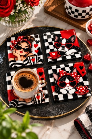 Gökçeoğlu Cam Bardak Altlığı Kırmızı Siyah Beyaz Pop Art Temalı 4'lü Takım 10cm X 10cm Çok Renkli