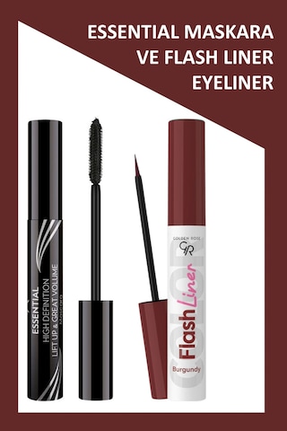 Essential Hacim Veren Maskara Siyah Ve Flash Liner Bordo Eyeliner Makyaj Seti