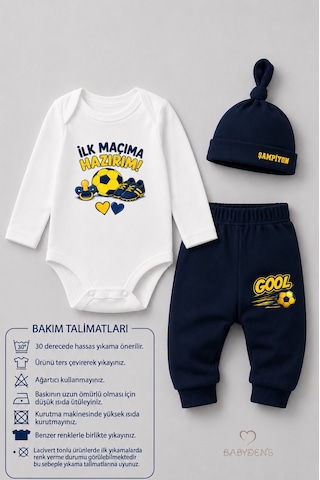 Babyden's Bebek 3'lü Takım Sarı Lacivert Taraftar Temalı Uzun Kol %100 Pamuk Yenidoğan Seti İlk Maçıma Hazırım