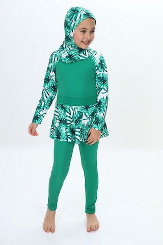 My Kids Wear Üç Parça Kız Çocuk Haşema, Tesettür, Etekli, Kapalı Mayo Kırmızı - Beyaz