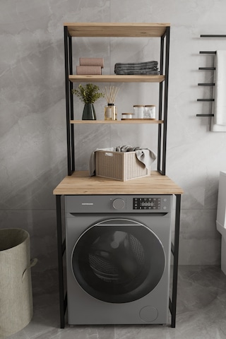 Zola Çamaşır Makinası Dolabı Çamaşır Makinası Üstü 3 Raflı Düzenleyici Metal Banyo Dolabı Meşe Bej