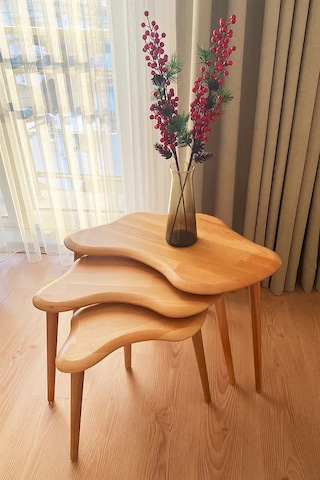 Fawdecor Asimetrik Naturel Masif Doğal Ahşap Zigon Sehpa 3'lü Set