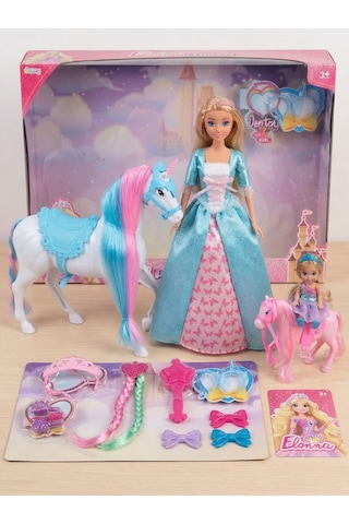 Elonna Princess Yeleli Unicorn At Ve 30 Cm Prenses Bebek Oyun Seti - Saç Aksesuarlı
