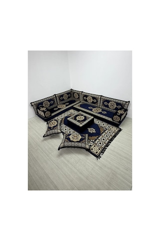 Güneş Modeli Lacivert Otantik Şark Köşesi Takımı L Set - Geleneksel Yer Minderi Seti 10 Cm Minder Kalınlığı 13 Parça