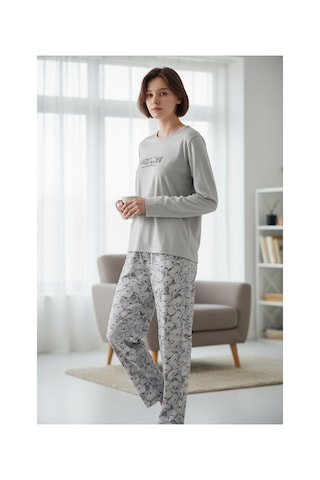 Feg Store Pamuklu Ayı Figürlü Yumuşak Dokulu Uzun Kollu Kışlık Kadın Pijama Takımı Gri