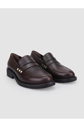 Hakiki Deri Kahverengi Zımba Detaylı Kadın Loafer Kahverengi