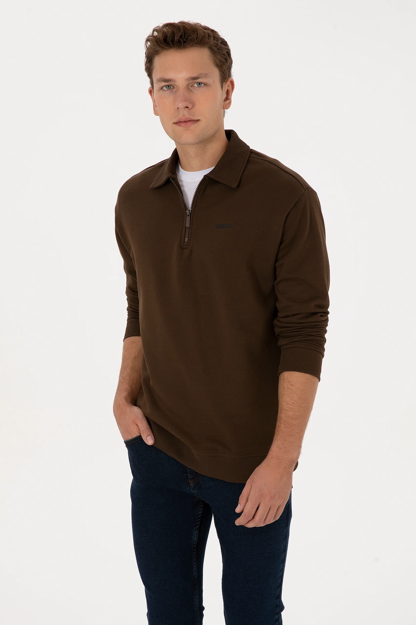 U.S. Polo Assn. Erkek Regular Fit Yarım Fermuarlı Şardonlu Kahverengi Basic Sweatshirt 50313783-VR029