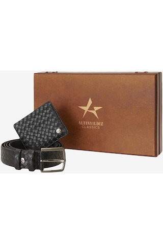 AC&Co / Altınyıldız Classics Erkek Siyah Özel Ahşap Hediye Kutulu Kemer-Kartlık Aksesuar Set Damat Bohçası Siyah