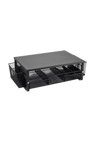 Temel Siyah Metal Mesh Monitör Yükseltici Stand Çekmeceli Kalemlikli Masaüstü Organizer 9210