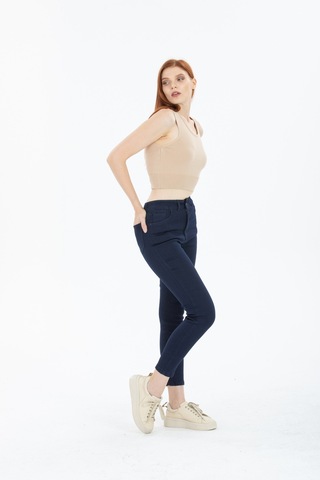 Koyu Mavi Yüksek Bel Toparlayıcı Dar Paça Skinny Power Likralı Kot Pantalon Koyu Mavi