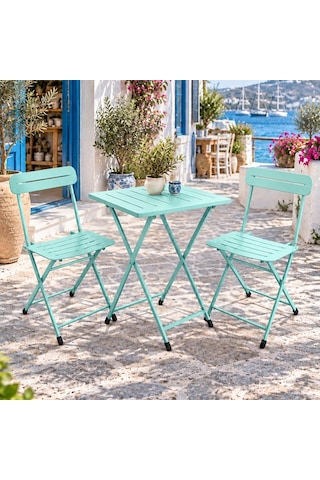 Katlanır Metal Balkon Bahçe Bistro Masa Sandalye Seti 2 Kişilik 1 Masa 2 Sandalye Mint Yeşili 1639 Turkuaz