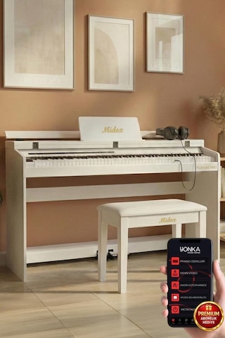 Midex PLX-140 PRO-WH Dijital Piyano Tuş Hassasiyetli Bluetooth 88 Tuşlu Kapaklı +Kulaklık +Tabure