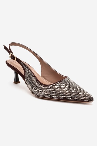 Luvishoes Nella Kahverengi Altın Taşlı Kadın Topuklu Ayakkabı Kahverengi