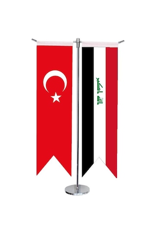 Masa Üstü Kırlangıç Irak + Türk Bayrağı + Krom T Direk Masa Bayra
