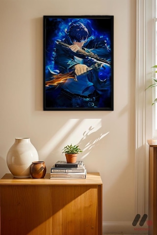 Demon Slayer Mavi Savaşçı Poster, Siyah Çerçeveli Duvar Tablosu - Anime Severlere Özel Hediye