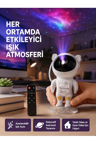 Astronot Yıldız Projeksiyon Lambası 8 Efektli Uzaktan Kumandalı Gece Işığı Siyah