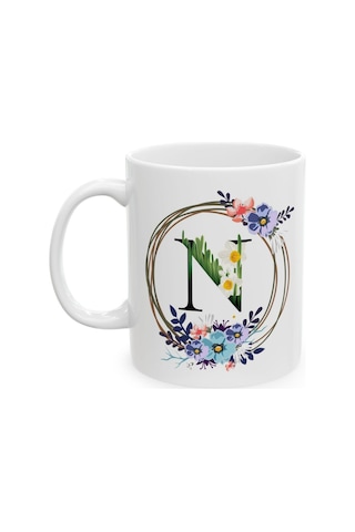 N Harf Baskılı Hediyelik Baskılı Porselen Beyaz Lüks Kupa Bardak Beyaz