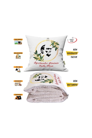 Öğretmenler Günü Atatürk Siluet Tv Battaniyeli Opsiyonel Dekoratif Yastık Kırlent 2in1 Battaniye Çok Renkli