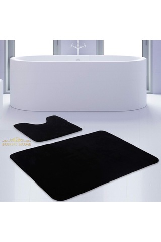 Bonny Home Unicolor Düz Siyah 2li Banyo Paspası Halısı Seti Kaymaz Siyah