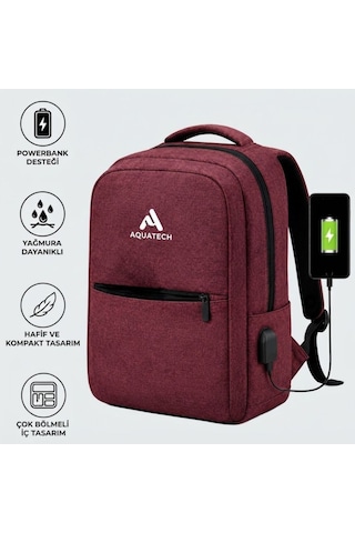 Laptop Sırt Çantası, Bilgisayar Korumalı İç Bölmeli Notebook Çantası, Organizer Cepli Ve Usb Şarj Portlu Bordo