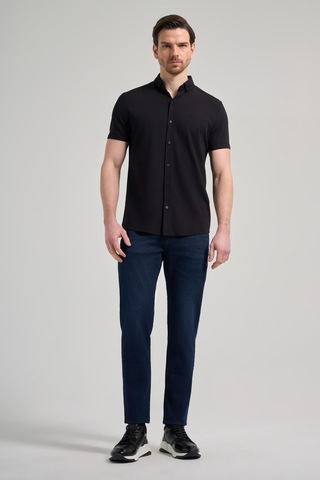 İmza Siyah Kısa Kol Düz Örme İtalyan Yaka Düğmeli Cepsiz Pamuklu Classic Slim Fit Gömlek 1004250156 001 Siyah