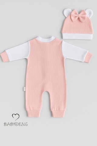 Babyden's Teddy Bear Temalı Yenidoğan Fitilli Tulum Takımı Ayıcıklı Kız Bebek Tulum Şapka Set %100 Pamuk Açık Pembe