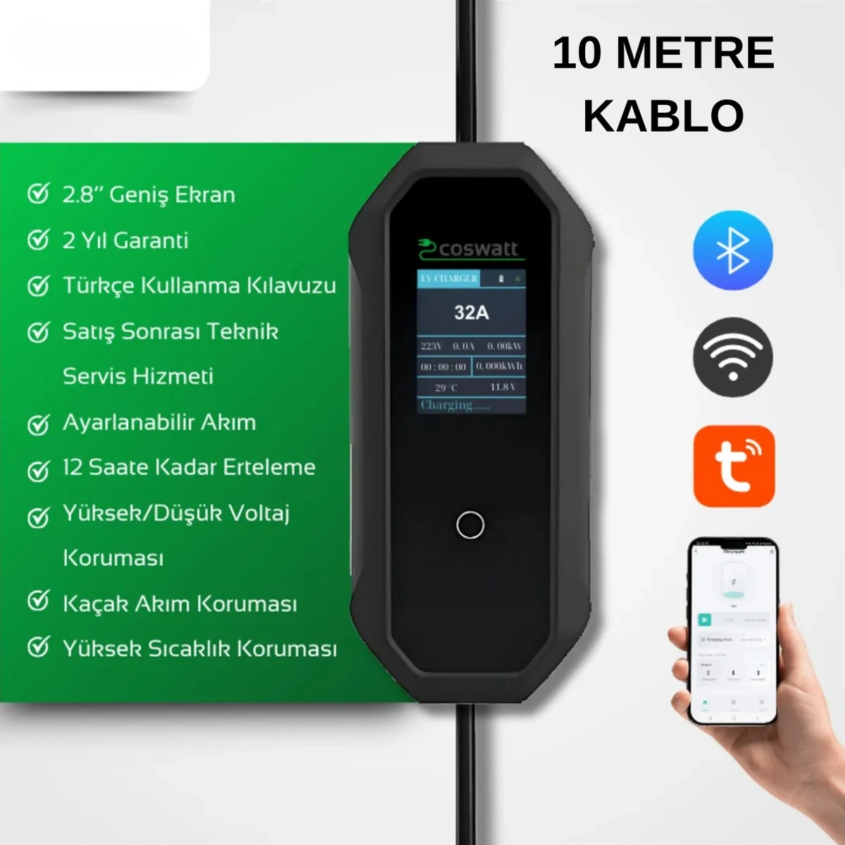 Coswatt 7.4 KW 32A Tip-2 3X32A 10 M Elektrikli Araç Taşınabilir Şarj İstasyonu