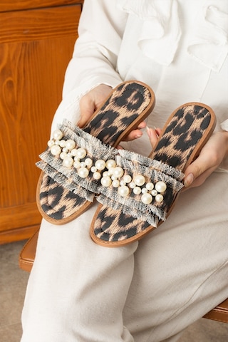 Dabab Shoes Mınoa Kadın İnci Detaylı Hasır Dokulu Animal Desenli Leopar Düz Terlik Çok Renkli