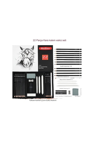 Kara Kalem Çizim Seti, Eskiz Kalem Seti, Dereceli Kalem Set, Kömür Kalem-kutulu 22 Parça