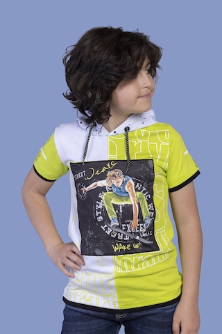 Toontoy Kids Toontoy Erkek Çocuk Garni Detaylı Kapüşonlu Baskılı Tişört Yeşil