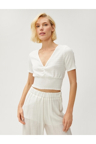 Koton Crop Tişört Gipeli V Yaka Beyaz 3sak50069ek Beyaz