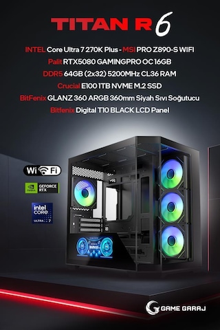 Game Garaj TITAN-R6 Ultra 7 270K RTX5080 64 GB 1 TB SSD Free Dos Oem Paket Masaüstü Oyuncu Bilgisayarı