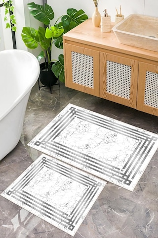 Dijital Baskı Mermer Desen Çerçeveli Kaymaz Taban 2li Set Banyo Paspası Klozet Takımı 50x60cm-60x100cm gri