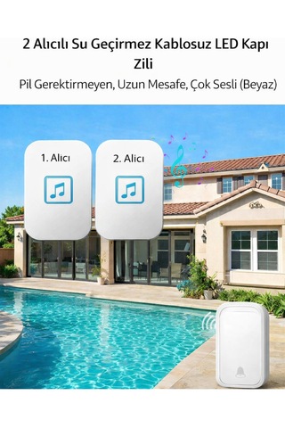 2 Alıcılı Su Geçirmez Kablosuz Led Kapı Zili Beyaz Prizli, Pil Gerektirmez, Uzun Mesafe, 60 Melodi