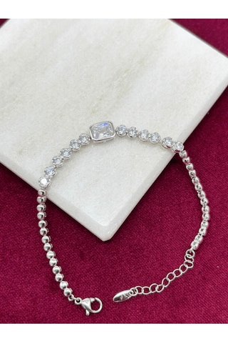 Dikdörtgen Ve Daire Swarovski Taşlı Silver Bileklik Silver