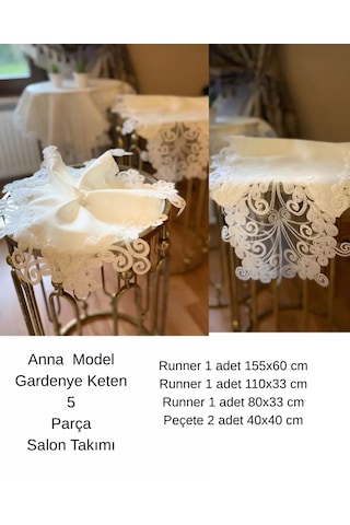 Anna Model Krem Keten Dantelli 5 Parça Salon Takımı Masa Örtüsü Runner Seti Çok Renkli