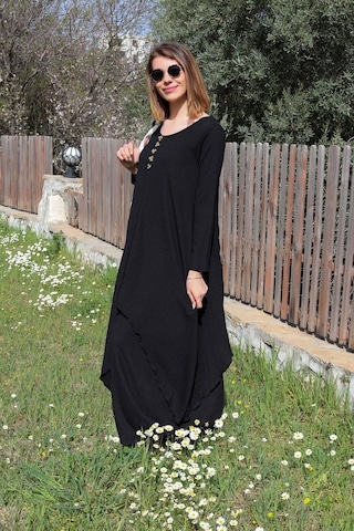 Toridas Keten Günlük Yazlık Salaş Kadın İki Katlı Elbise Bt225siyah3 001