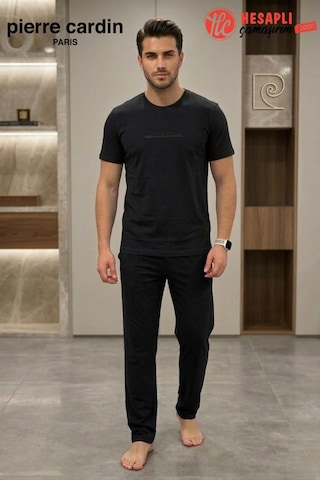 Pierre Cardin Paris Premium Erkek %100 Pamuklu Rahat Kalıp Cepli Kısa Kollu Pijama Takım Siyah