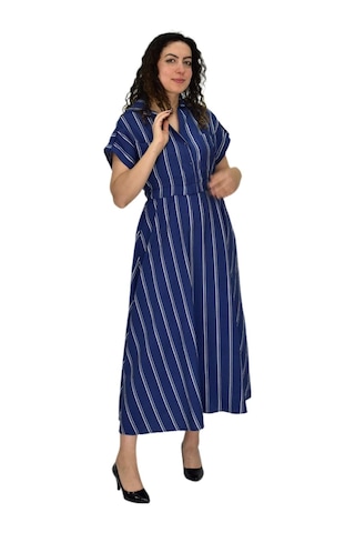 Kadın Beli Lastikli Çizgili Elbise Bgl-st04638 İndigo