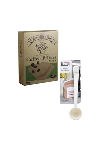 Time Filtre Kahve Kağıdı 1/4 4 Numara 80'li Paket + Kanji Klipsli Çay Kahve Ölçü Kaşığı - Beyaz S