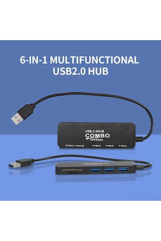 Vkemall 6'li Usb2.0 Hub - Sd/tf Kart Okuyuculu, Mikro Usb Portlu, Taşınabilir Siyah Hub