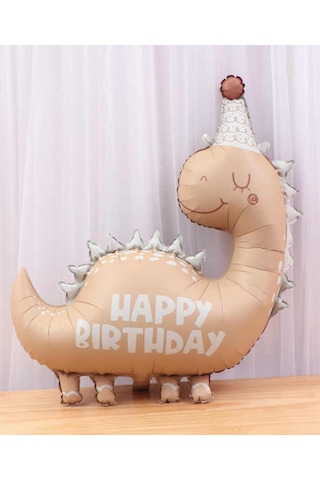 Retro Dinozor Folyo Balon Happy Birthday Yazılı Kukutelalı Dinazor Doğum Günü Balonu Açık Kahverengi