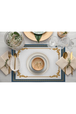 Mavi Barok Desen Kumaş Amerikan Servis 4'lü Set 35x50cm Keten, Ulusl. Yıkama Ve Solmama Sertifikası Çok Renkli