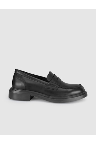 Siyah Hakiki Deri Kalın Taban Kadın Loafer Ayakkabı