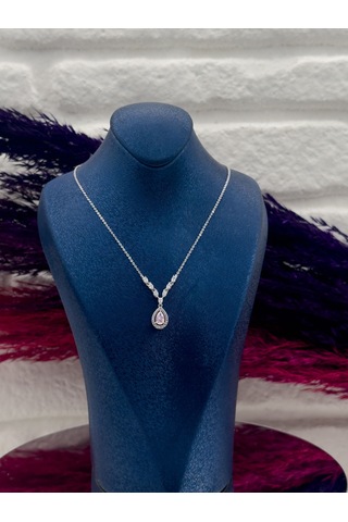 925 Ayar Gümüş Pembe Kuvars Taşlı Özel Tasarım Lüks Kadın Kolye Gümüş