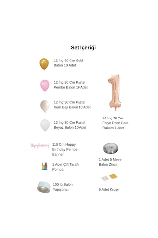 9 Yaş Pompa Hediyeli Doğum Günü Seti Banner Gold Pembe Kum Beji Beyaz Balonlar Rose Gold Rakam Çok Renkli