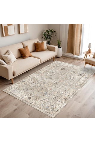 Latte Dizayn Monty Vintage Desenli Şönil Pamuk Tabanlı Yıkanabilir Kaymaz Antibakteriyel Salon Halısı 80x200 Genel